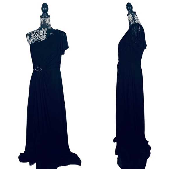 David's Bridal black floor length one shoulder mesh bridesmaid dress size 12 - Picture 1 of 12